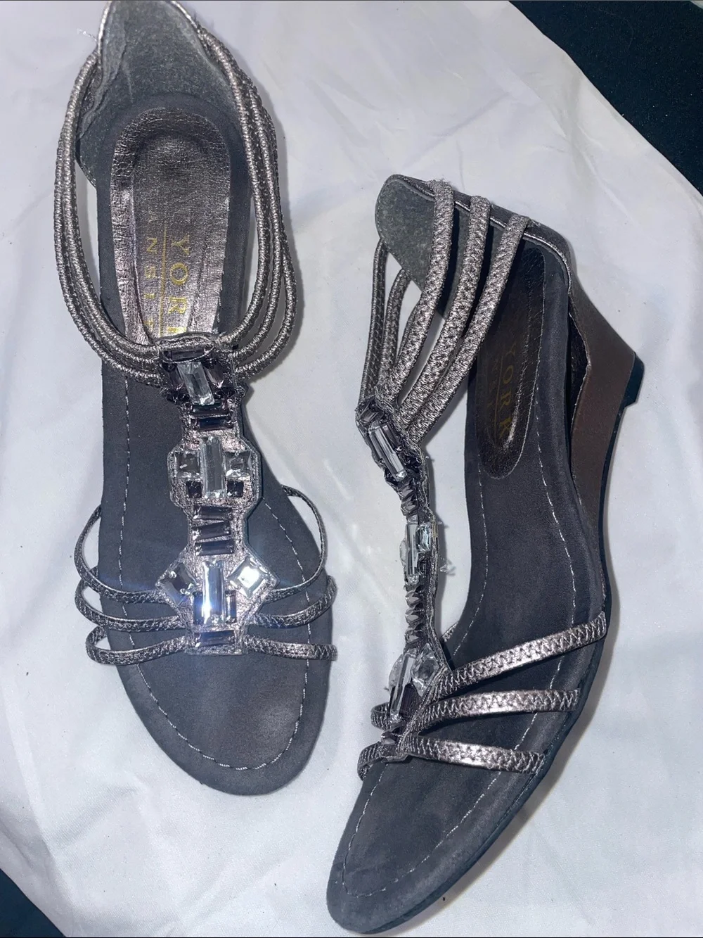 New York Transit Silver Metallic T-Strap Wedge Sandals with Rhinestone Accents